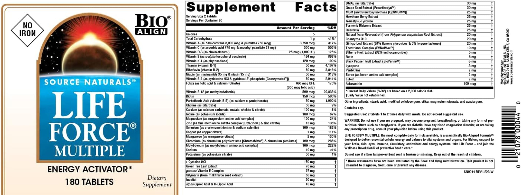 Source Naturals Life Force Multiple No Iron Energy Activator Complete Bio-Aligned Daily Vitamin - 90 Tablets