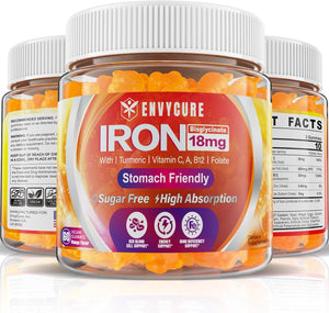 Sugar Free Iron Gummies 18Mg for Women Men, Iron Bisglycinate Supplement Gummies with Vitamin C, Turmeric & Folate - Blood Builder for Iron Deficiency, Anemia & Energy, Non-Constipating (1 PACK)