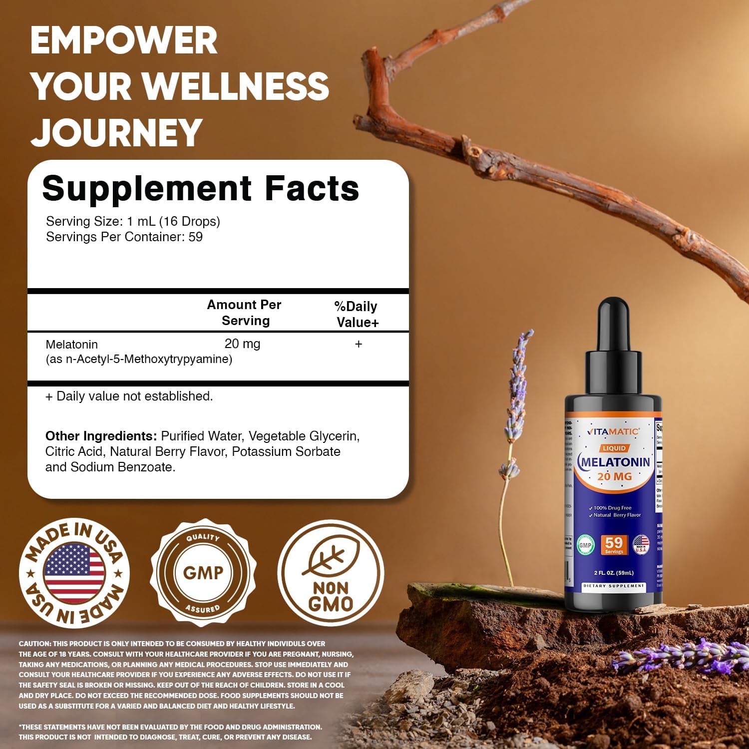 Vitamatic 2-Pack Melatonin 20Mg Liquid Drops - 2 Fl Oz (59 Ml) Each - Natural Berry Flavor - Non-Gmo, Vegetarian Supplement for Adults 