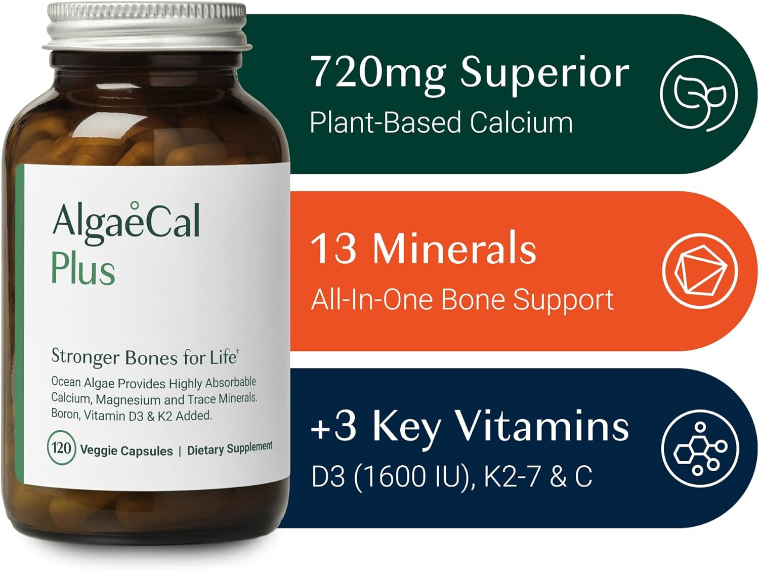 ALGAECAL plus - Organic Red Algae Calcium Supplement, Vitamin K2 MK7 (100Mg), Vitamin D3 (1600 IU), Magnesium (250Mg) & Trace Minerals, for Bone Strength, Easy to Swallow Caps, 3 Month Supply