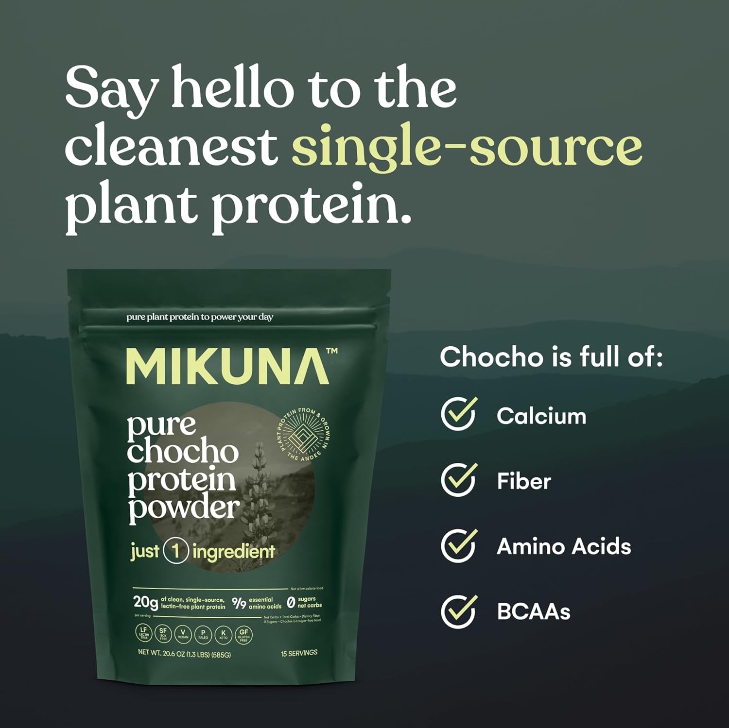 Mikuna Vegan Protein Powder (Unflavored, 15 Servings) - Plant Based Chocho Superfood Protein - Dairy Free Protein Powder Packed with Vitamins, Minerals & Fiber - Gluten, Keto & Lectin-Free 