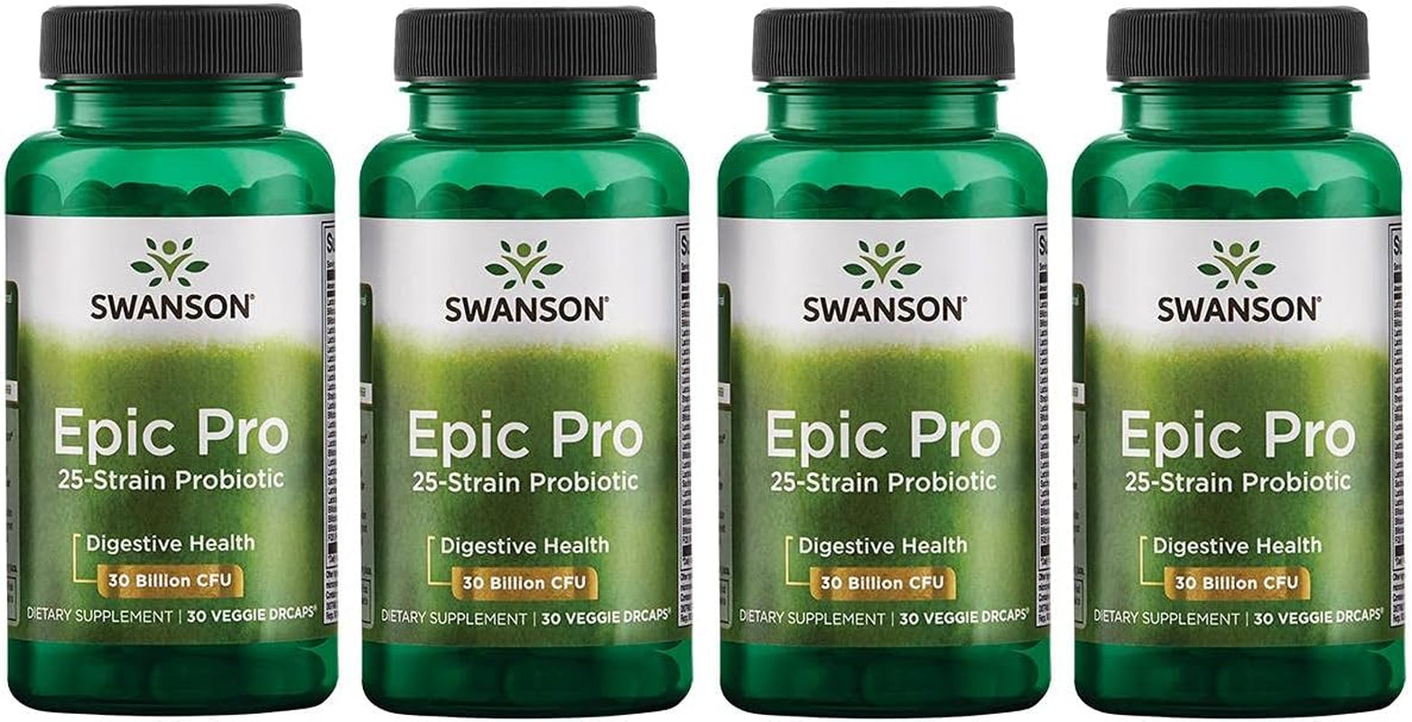 Swanson Epic-Pro 25-Strain Probiotic 30 Billion CFU Digestive Health Immune System Support Prebiotic Nutraflora FOS 30 Drcaps Veggie Capsules (Caps) (4 Pack) 