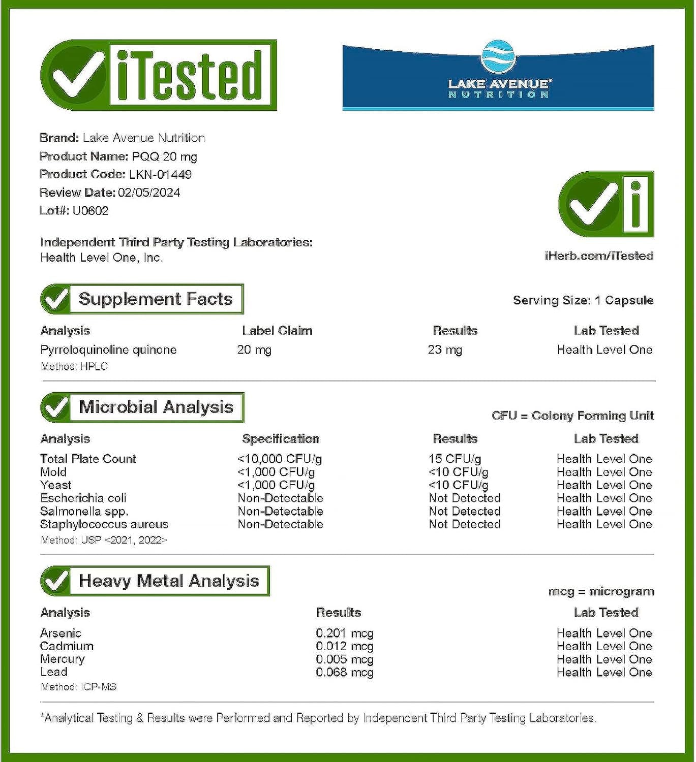 Lake Avenue PQQ, Pyrroloquinoline Quinone, 20 Mg, 60 Veggie Capsules