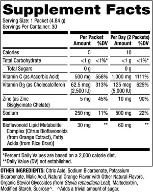 Vitamin C-PAK, 30 Servings (30 Packets), Fizzy Drink Mix, 500 Mg Vitamin C, with Zinc and Vitamin D3, Natural Orange Flavor, Dietary Supplement, Supports Healthy Immune Function, Non-Gmo 