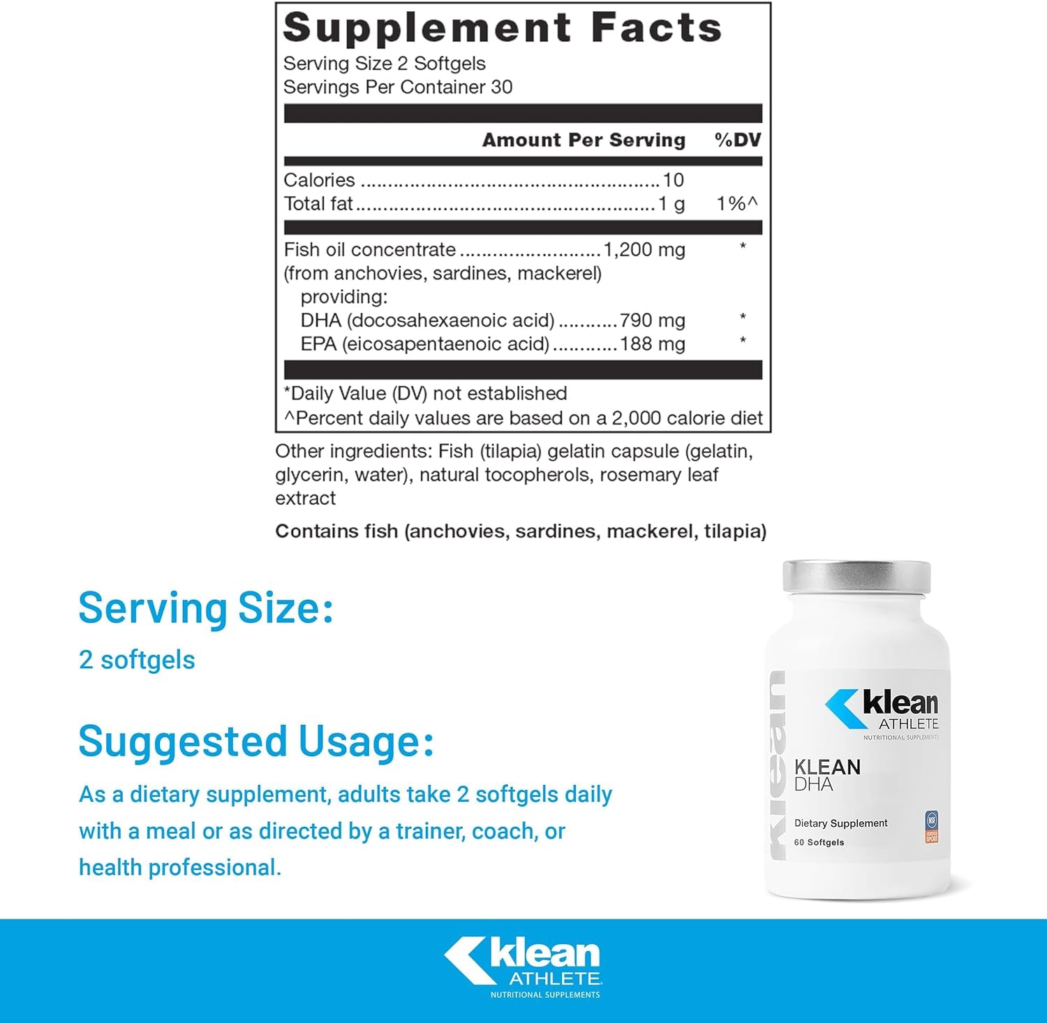 Klean ATHLETE Klean DHA - DHA Supplement for Athletes - Supports Heart & Brain Health* - Omega 3 Fish Oil - with EPA & DHA - Non-Gmo & Gluten Free - 60 Softgels