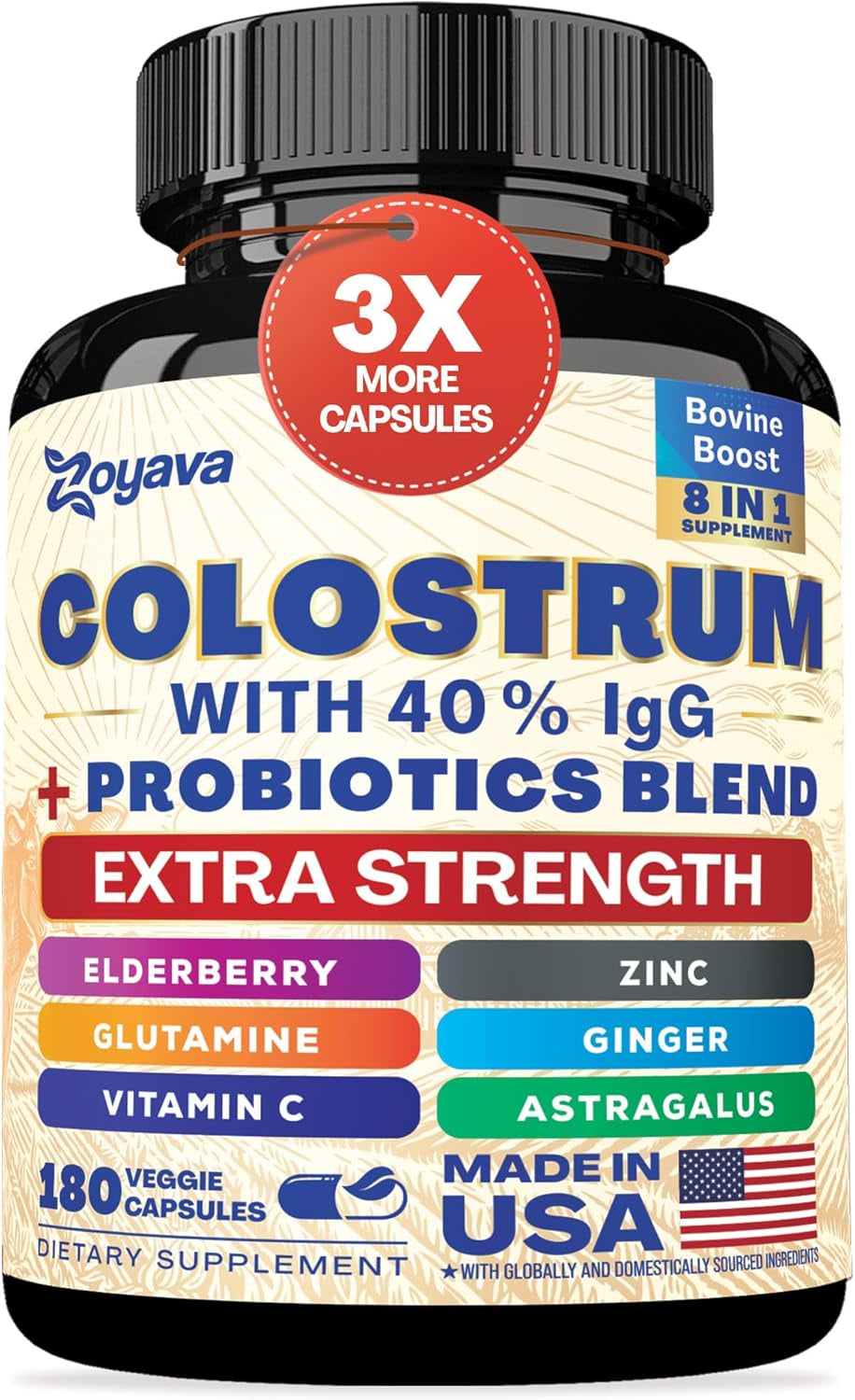 Bovine Colostrum Supplement Capsules, Grass Fed Cow Colostrum with 40% Igg 500MG, Probiotics 50MG, Elderberry 2000MG, L-Glutamine 200MG, Astragalus 2000MG Vitamin C, Ginger, Zinc (60 Capsules)