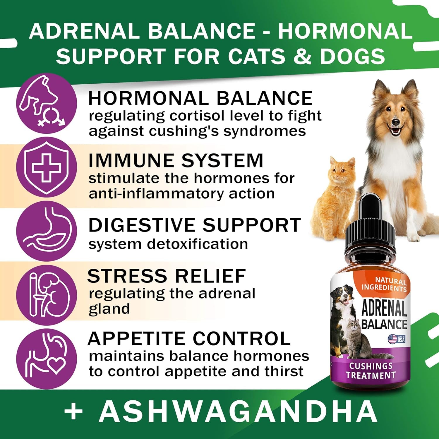 Adrenal Balance for Dogs and Cats - Cushings Treatment for Pets, Adrenal Support W/ Ashwagandha, Licorice Root, Rhodiola Rosea - 2Oz Herbal Drops