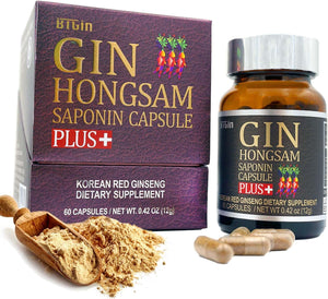 Korean Red Ginseng [GIN HONGSAM] 60 Capsules - Premium anti Aging Supplements - Boost Energy | Immune | Memory for Women and Men 100% Red Ginseng
