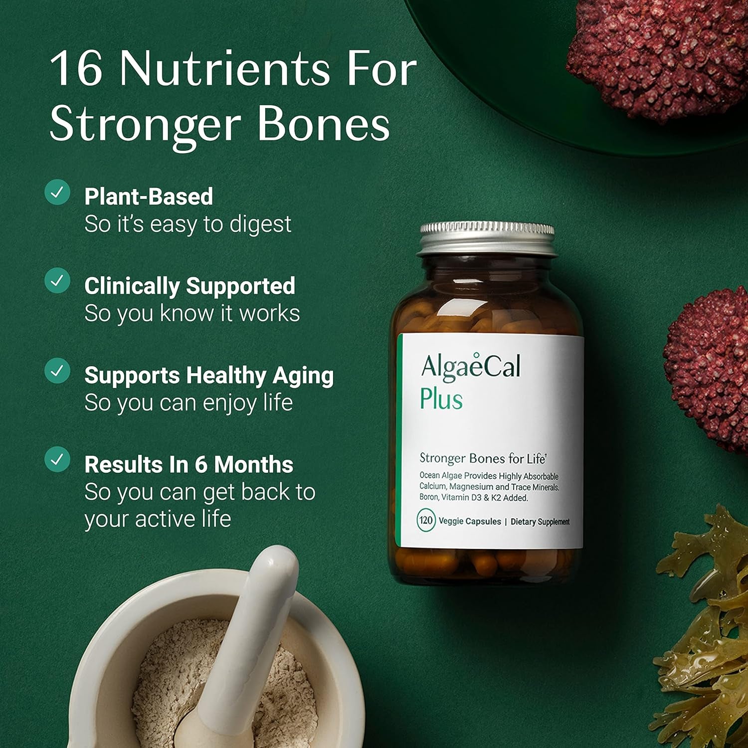 ALGAECAL plus - Organic Red Algae Calcium Supplement, Vitamin K2 MK7 (100Mg), Vitamin D3 (1600 IU), Magnesium (250Mg) & Trace Minerals, for Bone Strength, Easy to Swallow Caps, 3 Month Supply