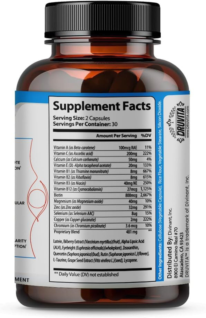 Blue Bliss Vision Support - Eye Vitamins with Lutein, Bilberry and Zeaxanthin - Vitamin Supplement for Macular Degeneration Support, Vision Health and Preservation for Adults Seniors 60 Capsules 