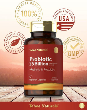 Prebiotic, Probiotic & Postbiotic | 25 Billion CFU | 50 Powder Pills | Men and Women'S Digestive Health | Vegetarian and Non-Gmo Supplement | Tahoe Naturals