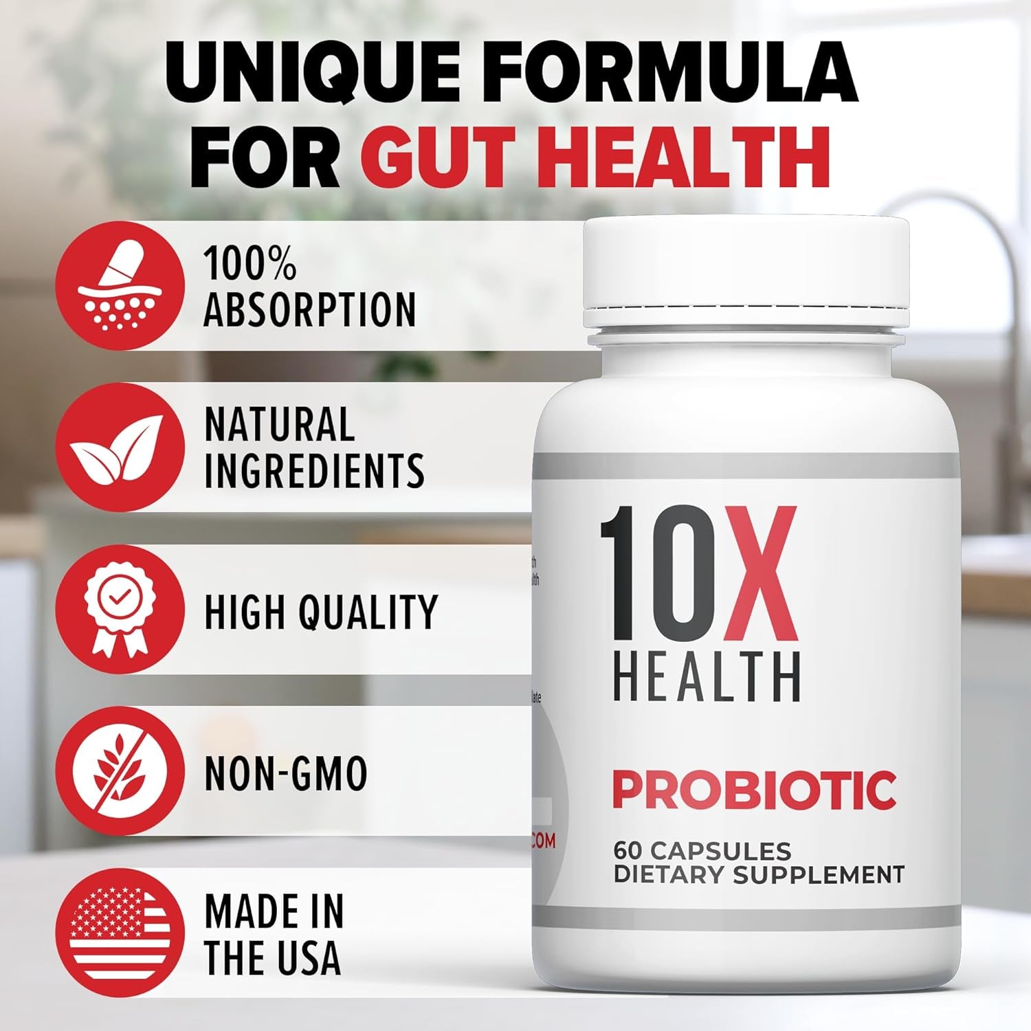 10X Health Probiotics - Immune Support Supplement & Probiotics for Digestive Health W/Lactobacillus Acidophilus, Rhamnosus & Bifidobacterium Longum, Dietary Supplements W/Essential Enzymes (60 Caps)