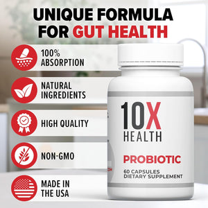 10X Health Probiotics - Immune Support Supplement & Probiotics for Digestive Health W/Lactobacillus Acidophilus, Rhamnosus & Bifidobacterium Longum, Dietary Supplements W/Essential Enzymes (60 Caps)