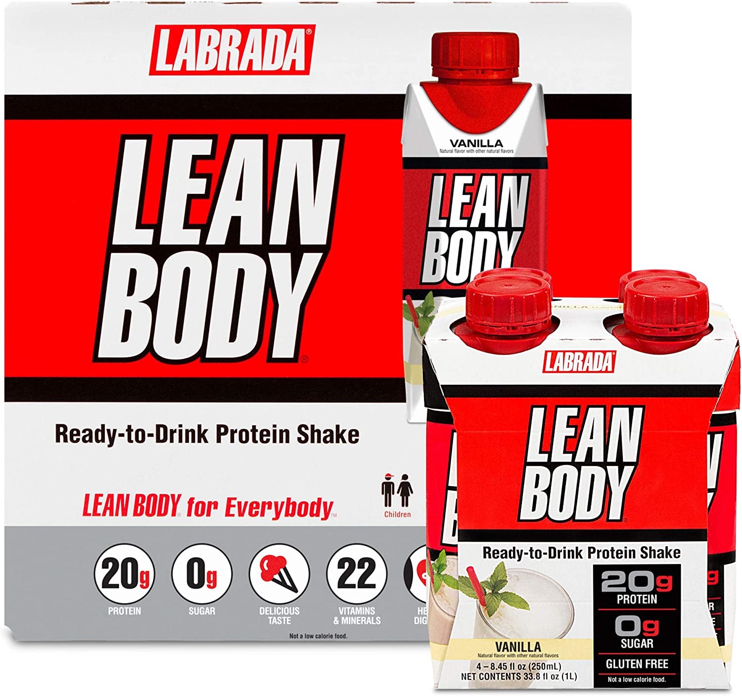 LABRADA Nutrition - Lean Body RTD Whey Protein Shake, Convenient On-The-Go Meal Replacement Shake for Men & Women, 20 Grams of Protein – Zero Sugar, Lactose & Gluten Free, Vanilla (Pack of 16) 