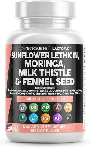 Sunflower Lecithin 6000Mg Lactation Supplement with Moringa 25000Mg Milk Thistle 2000Mg Fennel Seed 2000Mg plus Goats Rue, Shatavari, Alfalfa, & Nettle for Breastfeeding USA 60 Ct