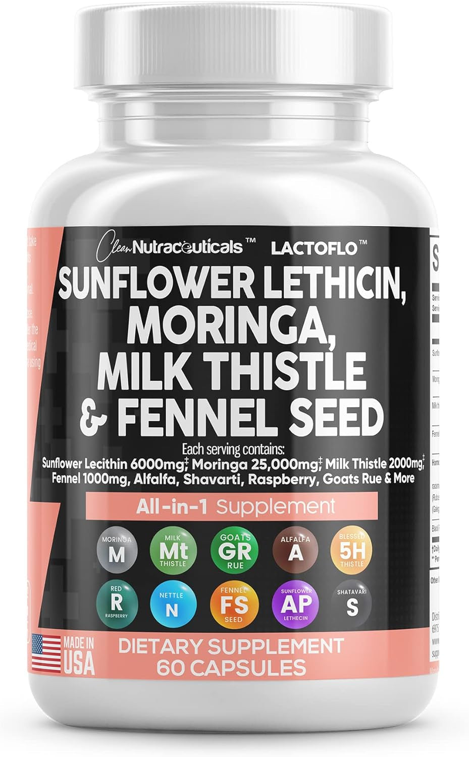 Sunflower Lecithin 6000Mg Lactation Supplement with Moringa 25000Mg Milk Thistle 2000Mg Fennel Seed 2000Mg plus Goats Rue, Shatavari, Alfalfa, & Nettle for Breastfeeding USA 60 Ct