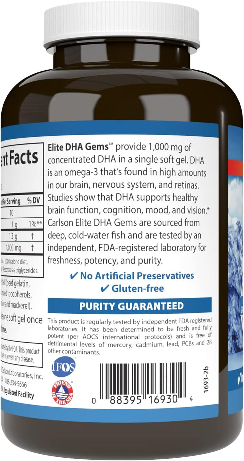 Carlson - Elite DHA Gems, 1000 Mg DHA, Wild Caught, Sustainably Sourced, Brain Function & Healthy Vision, 120 Softgels