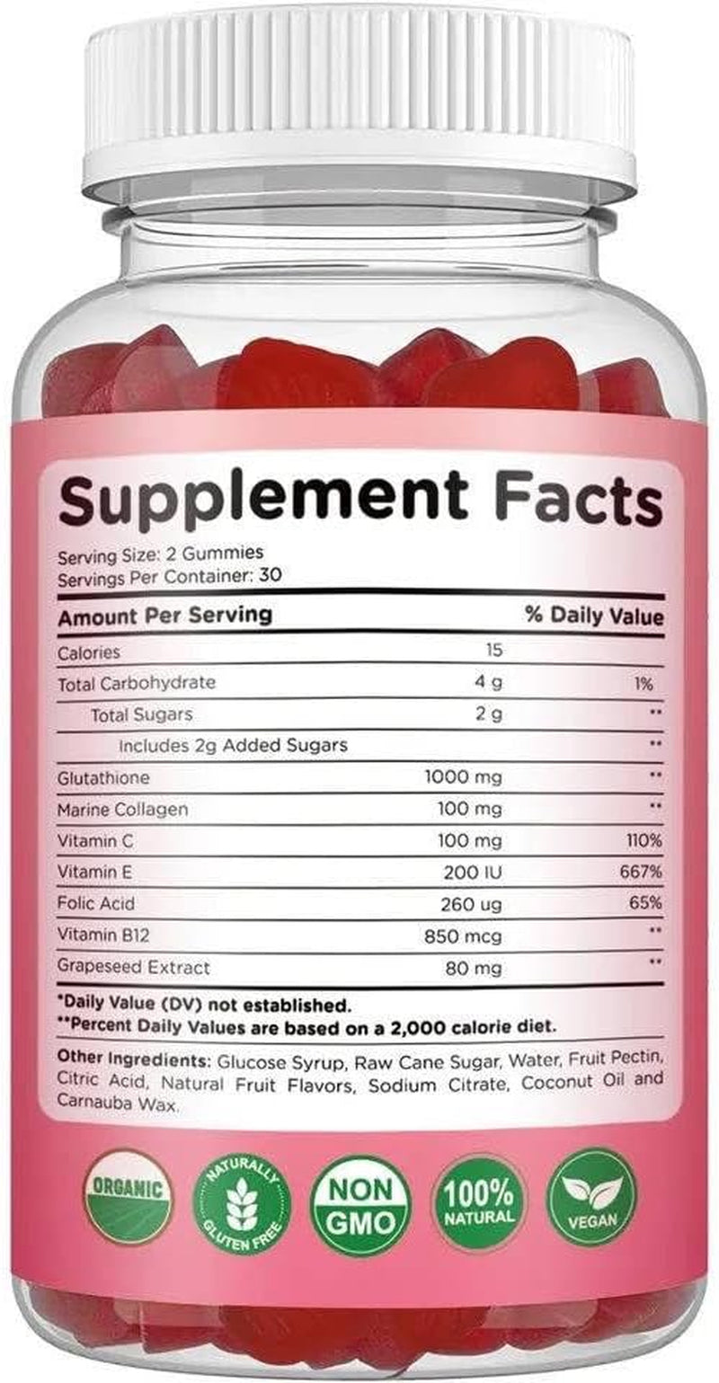 Glutathione Glow Gummies 1,000Mg per Serving | Vitamin C 100Mg Marine Collagen for Women | Colageno for Women Glow Beauty Collagen Folic Acid | 2 Months Supply Vegan Non GMO 60 Capsules 2 Pack, Red