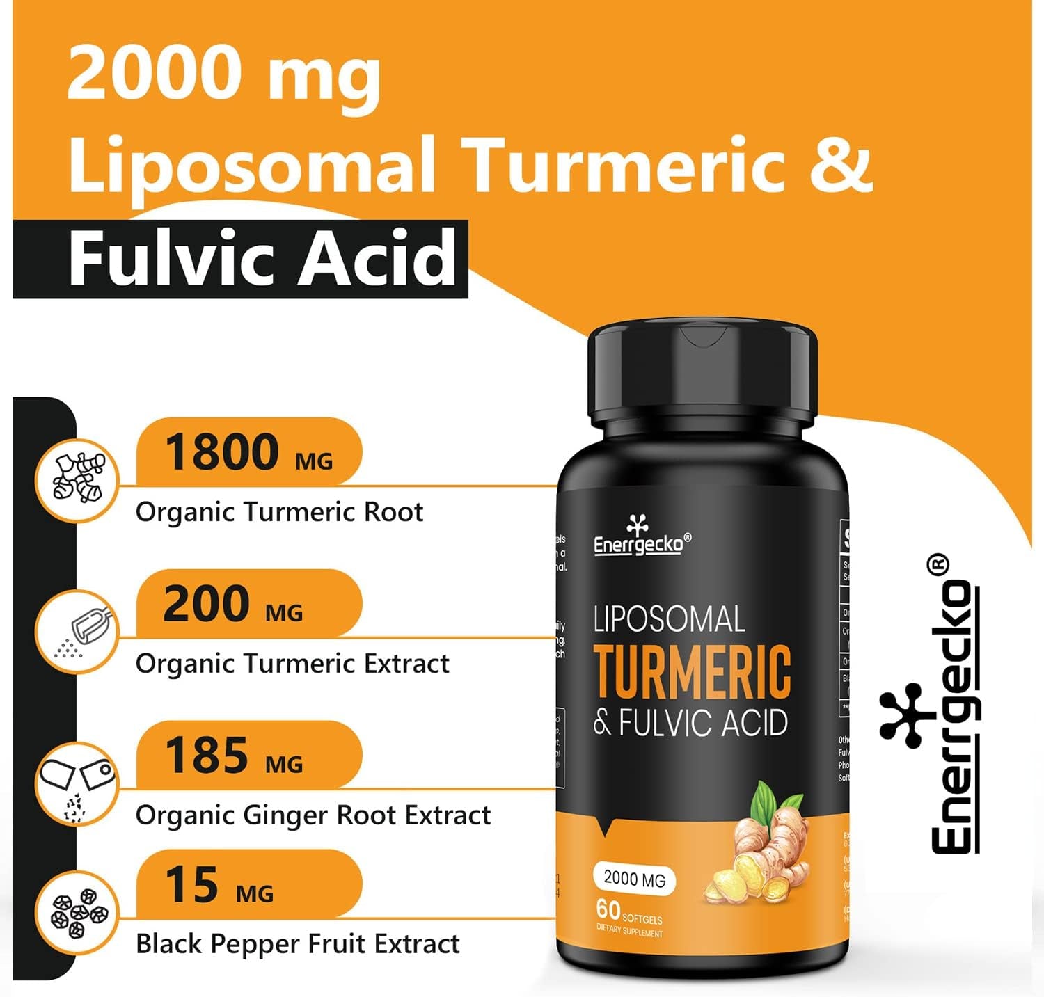 2000 Mg Liposomal Turmeric Curcumin with Black Pepper & Ginger for Superior Absorption with Fulvic Acid and Humic Acid (60 Count (Pack of 1))