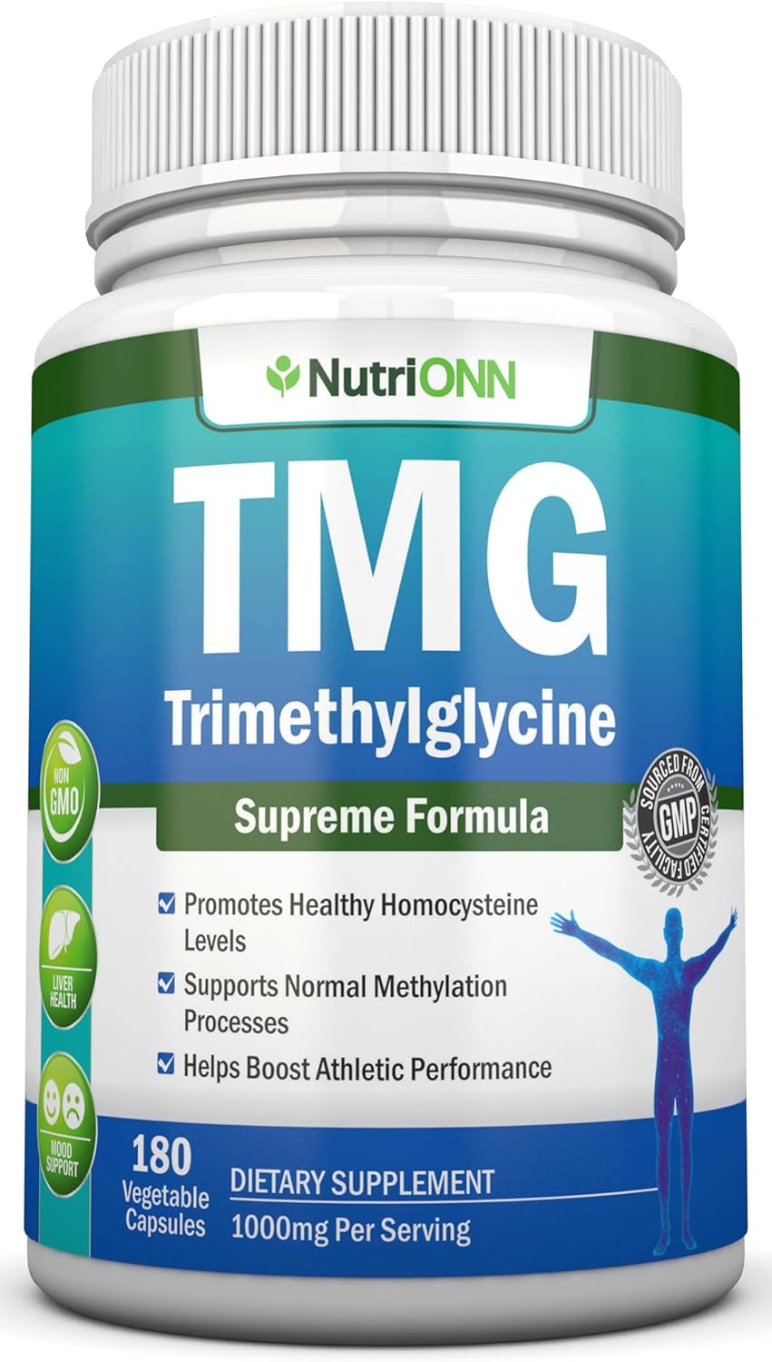 TMG Trimethylglycine Supplement - 1000Mg - 180 Capsules - Premium Pure Betaine Anhydrous - Supports Normal Homocysteine & Blood Pressure Levels 