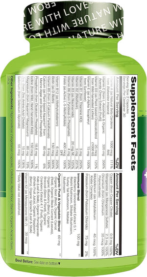 NATURELO Whole Food Multivitamin + Immune Blend with Elderberry & Mushrooms - Complete Multivitamin with Extra Immune Support - C, D3, Zinc, Elderberry, Reishi, Shitake - 60 Vegan Capsules