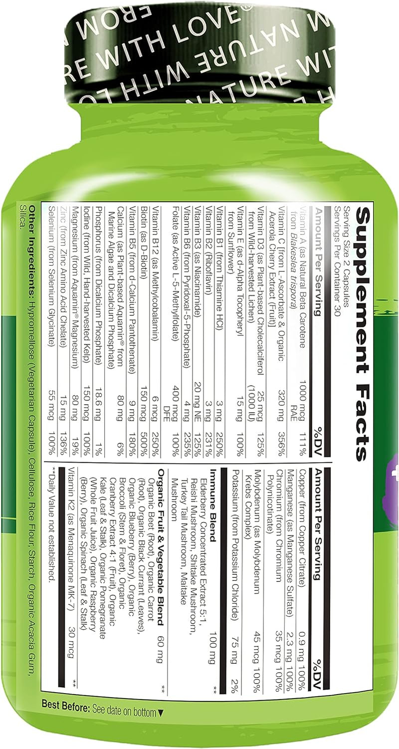 NATURELO Whole Food Multivitamin + Immune Blend with Elderberry & Mushrooms - Complete Multivitamin with Extra Immune Support - C, D3, Zinc, Elderberry, Reishi, Shitake - 60 Vegan Capsules