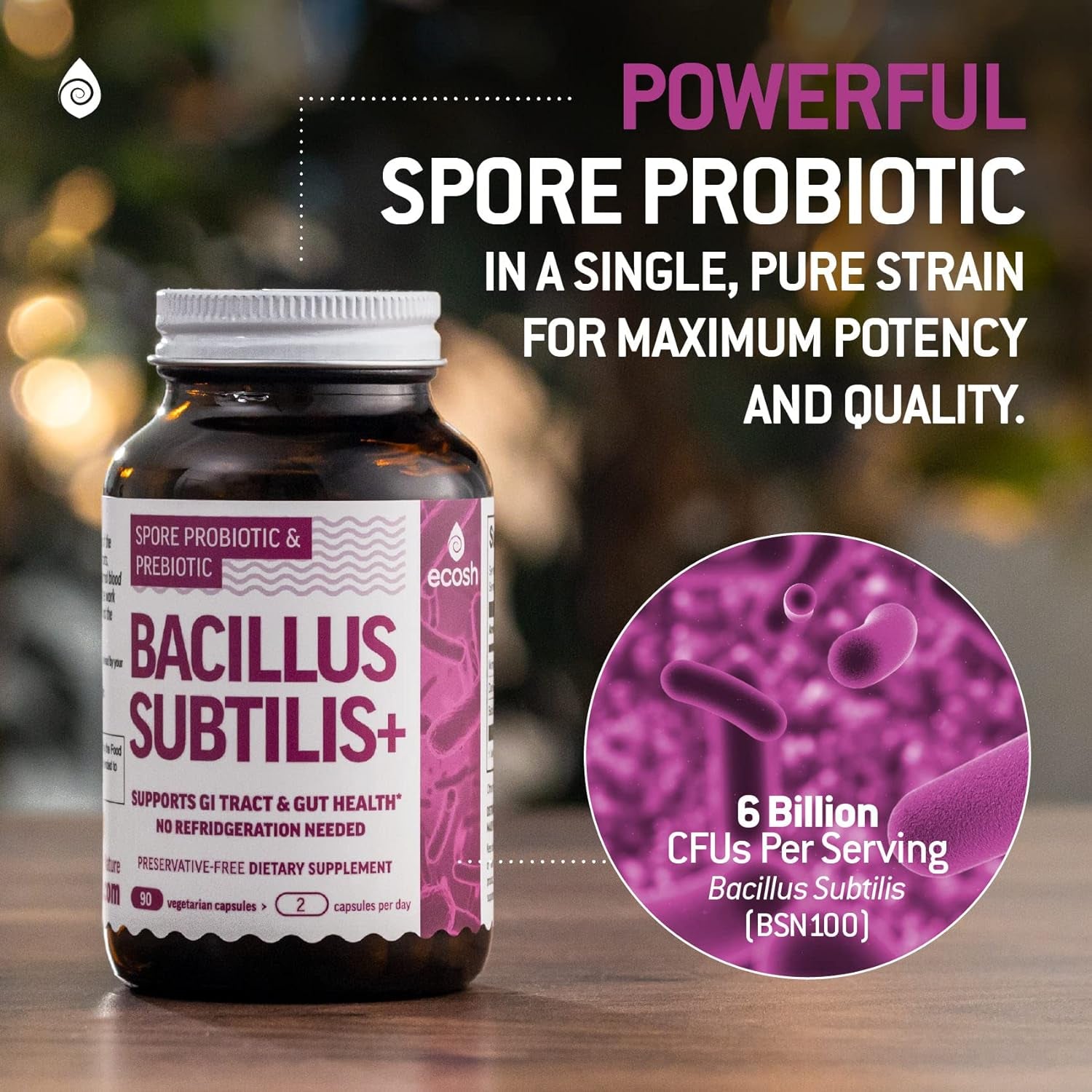 Bacillus Subtilis Spore Based Probiotic — High Potency Strain with Prebiotic for Balanced Belly | Daily Gut Health & Microbiome Support for Family | 6 Billion CFU per Day | 180 Vegetarian Capsules