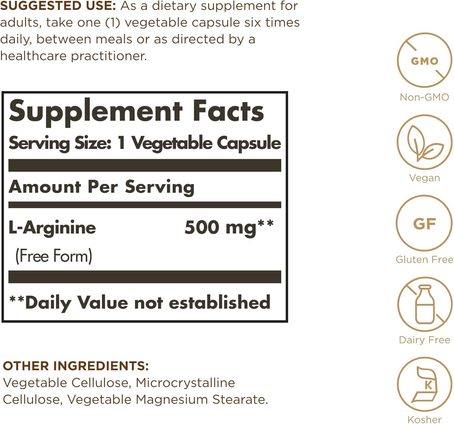 L-Arginine 500 Mg - 100 Vegetable Capsules - Nitric Oxide Stimulator - Non-Gmo, Vegan, Gluten Free, Dairy Free, Kosher - 100 Servings 