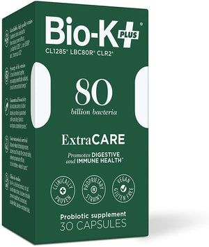 Bio-K + Extra Care Probiotic Supplement Capsules for Adult Men and Women, 80 Billion Active Bacteria, Promotes Immune System Health - Vegan & Gluten-Free Delayed Release, 20 Capules/Box