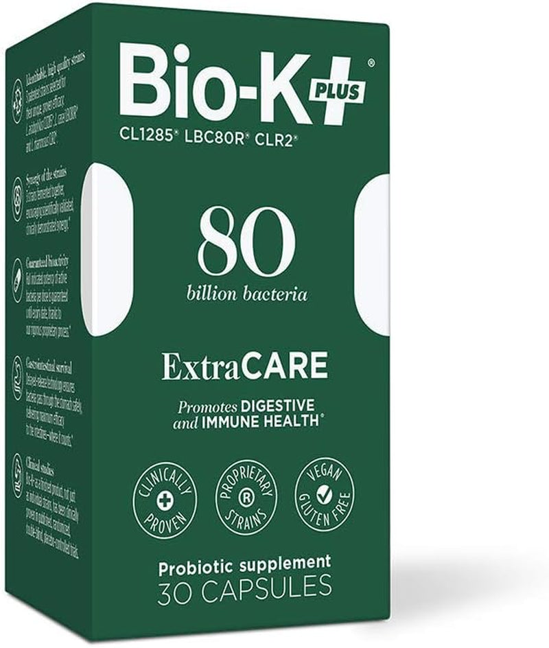Bio-K + Extra Care Probiotic Supplement Capsules for Adult Men and Women, 80 Billion Active Bacteria, Promotes Immune System Health - Vegan & Gluten-Free Delayed Release, 20 Capules/Box