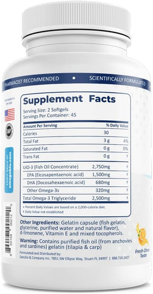 Triple Strength Grade Fish Oil 2750Mg - 1500Mg EPA - 680Mg DHA - Triglyceride Form - No Fishy Burps or Heartburn - Highest Concentration - Fish Gelatin- Citrus - 90 Servings