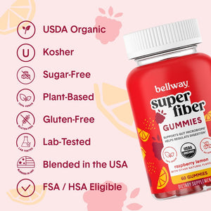 Bellway Super Fiber Gummies for Adults - Sugar Free Organic Fiber Supplement Gummies with 4G of Fiber per Serving - Prebiotic Chicory Root Fiber for Digestive Gut Health, Raspberry Lemon, 60 Count