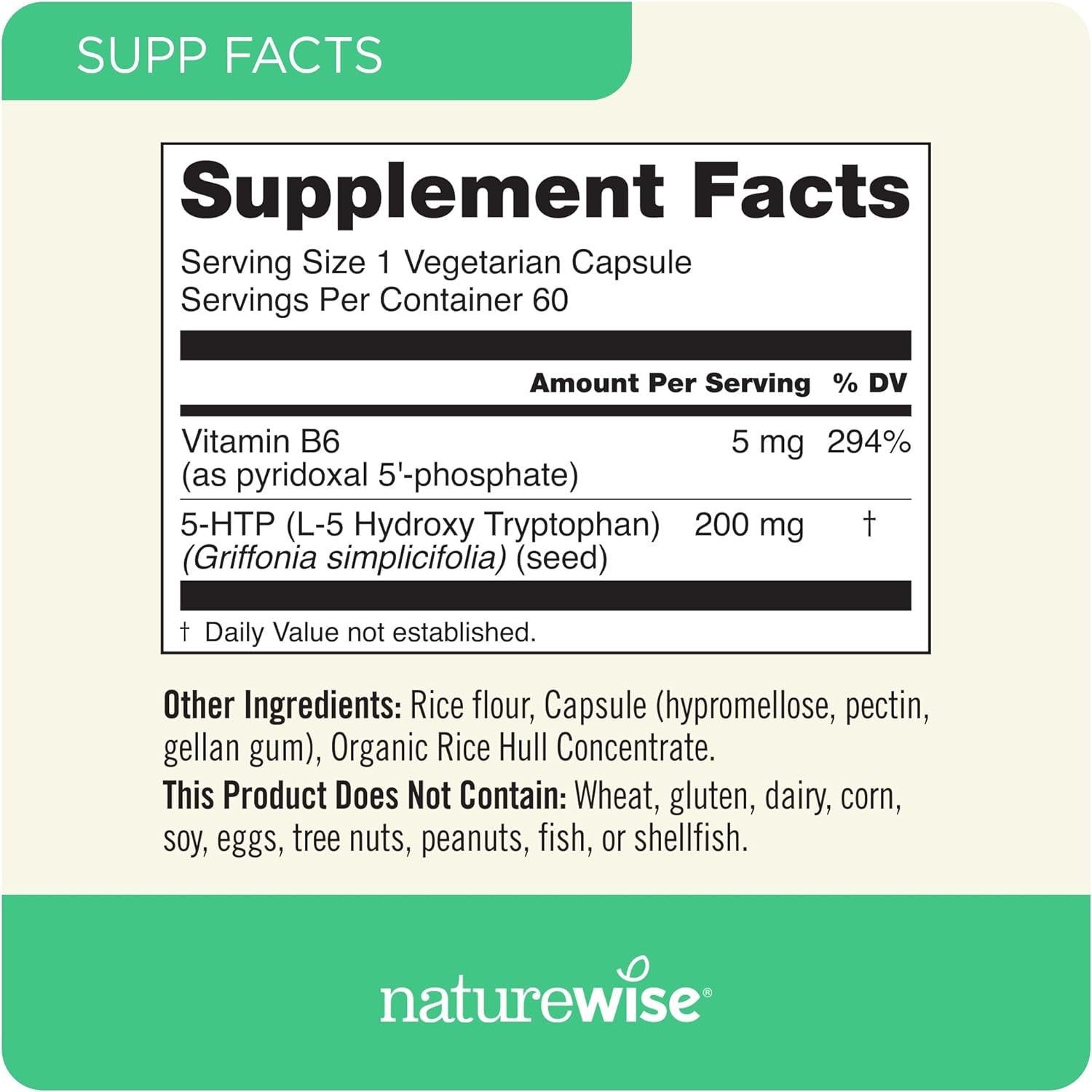 Naturewise 5-HTP 200Mg Mood Support, Natural Sleep Aid Helps Promote Healthy Eating Habits, Easy-To-Digest Delayed Release Capsules Enhanced W/ Vitamin B6, Non-Gmo (2 Month Supply - 60 Count)