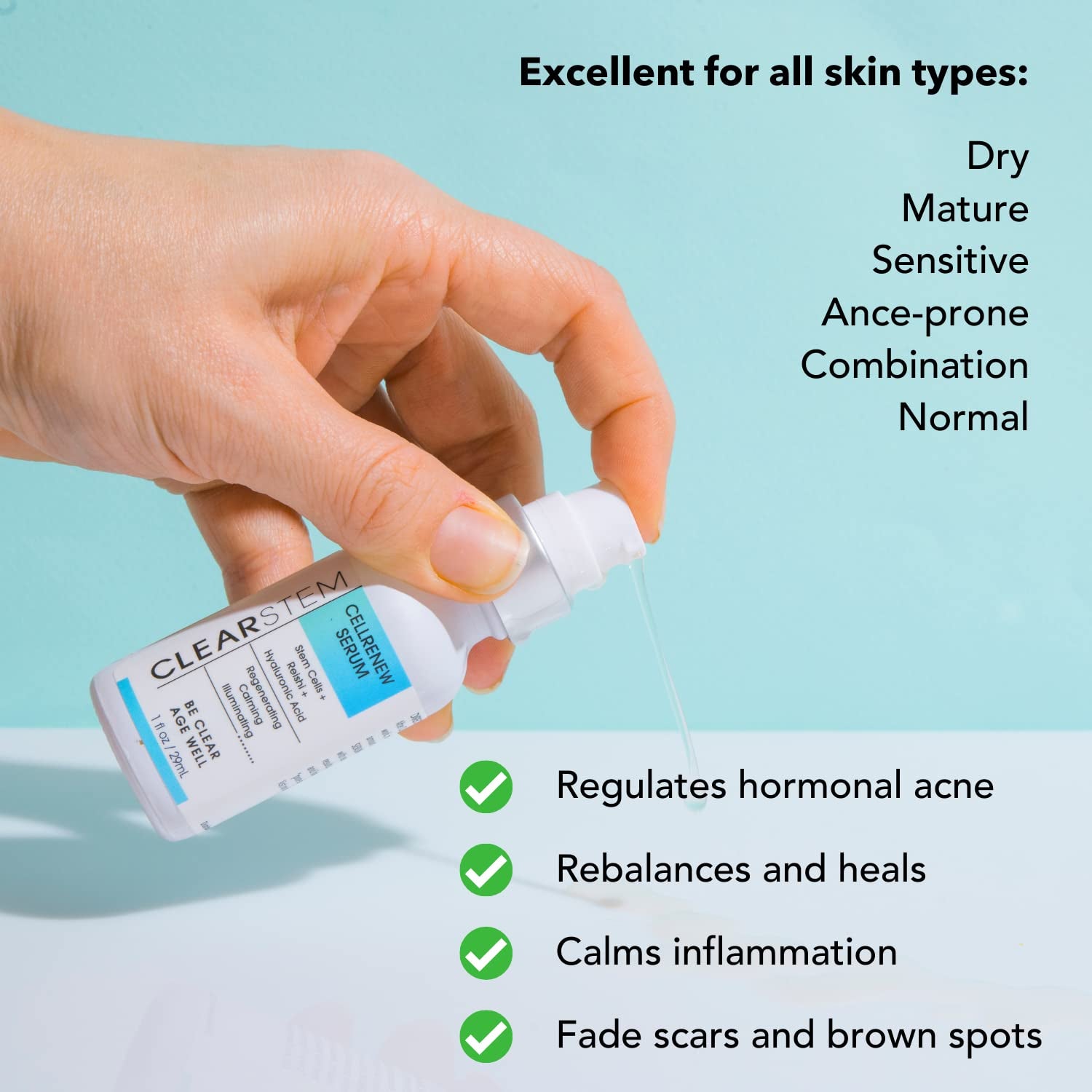 Clearstem - CELLRENEW - Collagen Stem Cell Serum - Acne + Youthful Skin Face Serum - Hyaluronic Acid, Reishi, Aloe Vera - Facial Skin Care Products - Vegan, Gluten Free, Cruelty Free - 1 Fl Oz / 29Ml