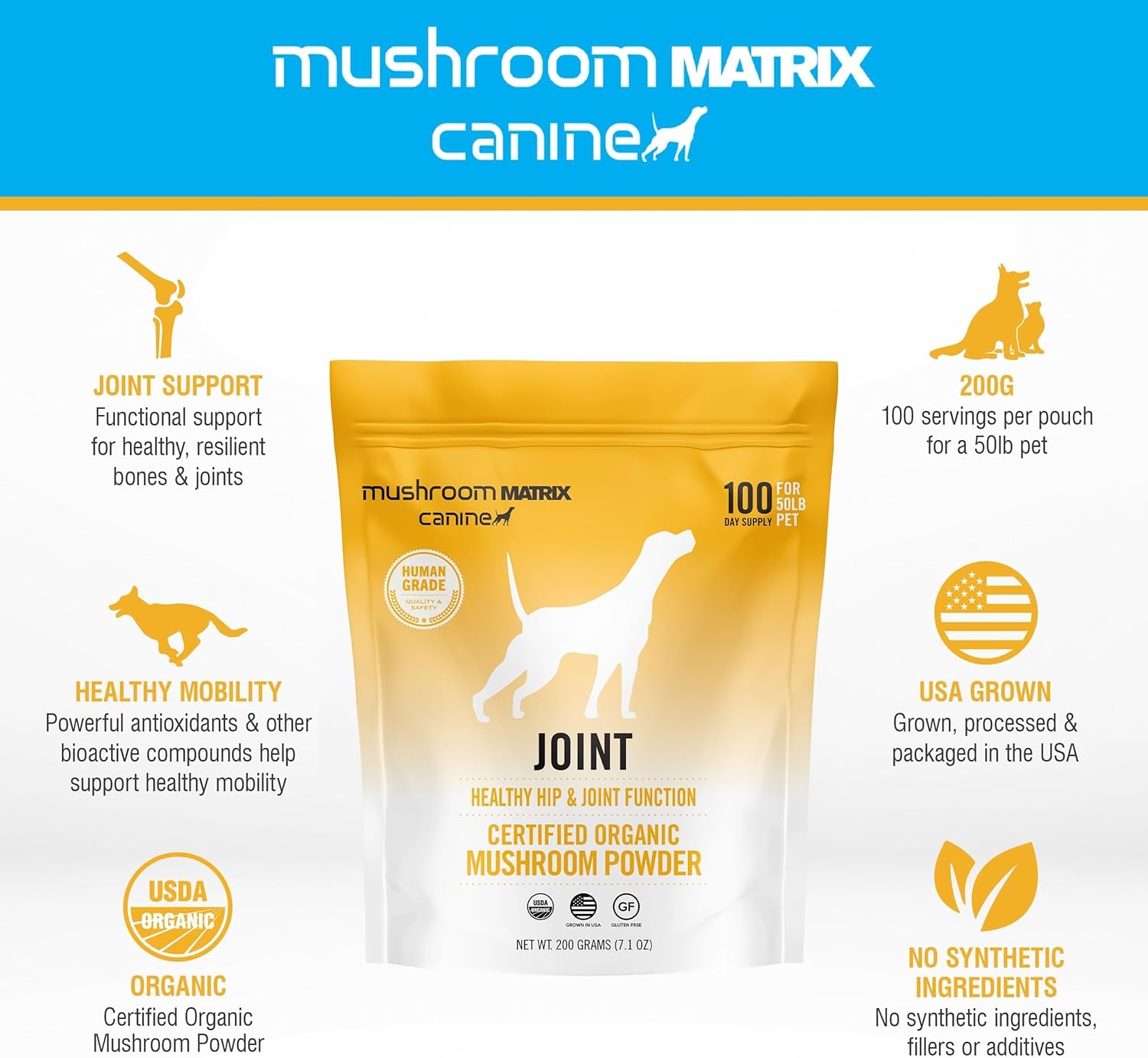Om Mushroom Matrix Pet - Canine | Joint & Hip Function | USA Grown Human-Grade Organic Mushroom Powder Pet Supplement | Promotes Resilient Bones & Joints for Dogs & Cats | 100 Grams, 3.5 Oz
