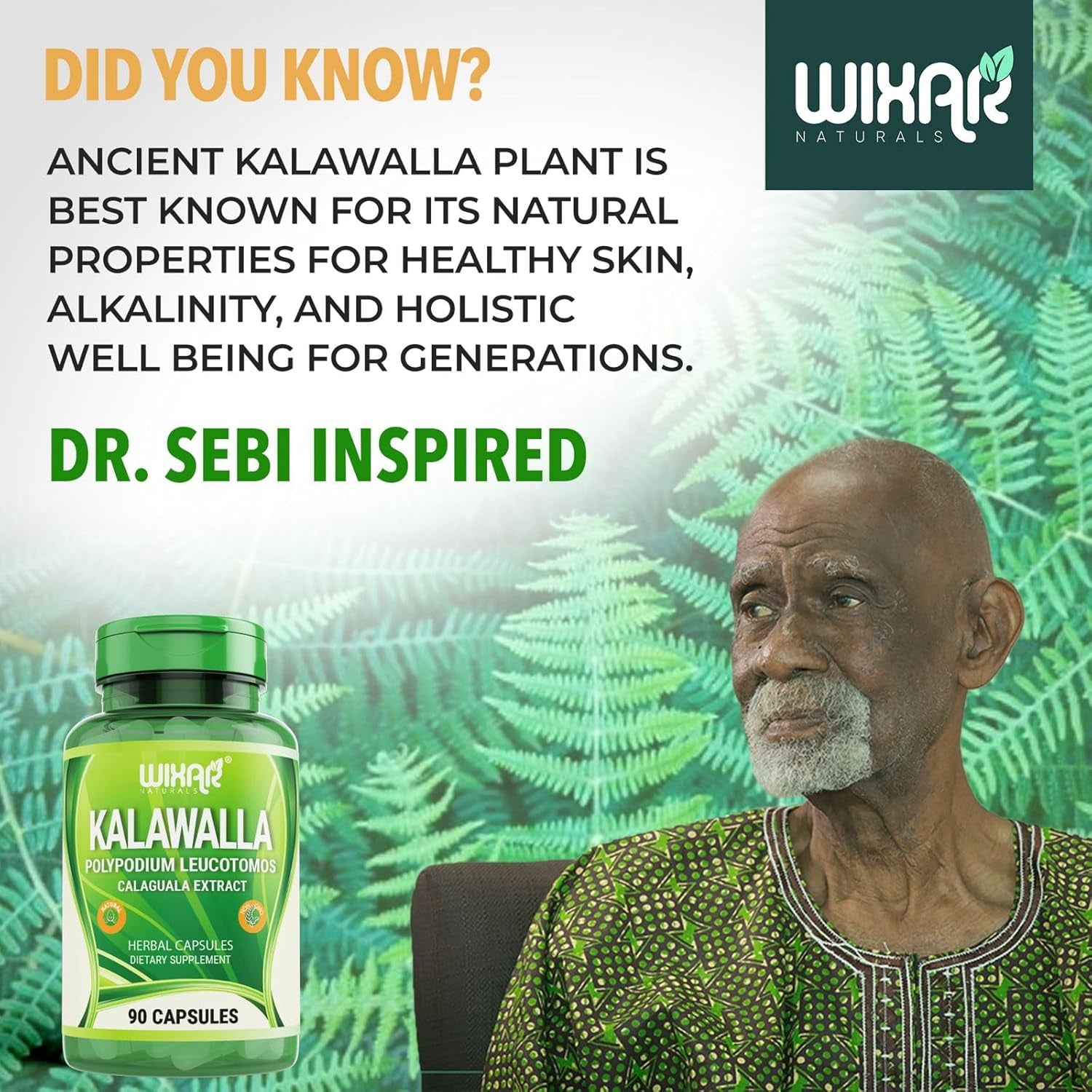 Wixar Kalawalla Capsules – Kalawalla Root & Fern Leaves – Calaguala Extract Herb with Polypodium Leucotomos Pills - Vegetarian Immune, Skin, Alkaline Support Supplements for Men & Women – 90 Capsules