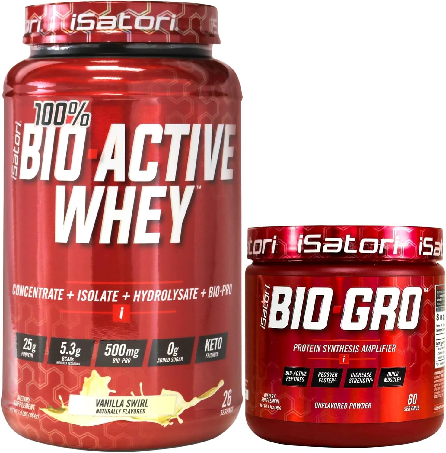 Isatori Bio-Gro Vanilla Ice Cream (60 Servings) & Bio-Active Whey Protein Powder Unflavored (30 Servings)