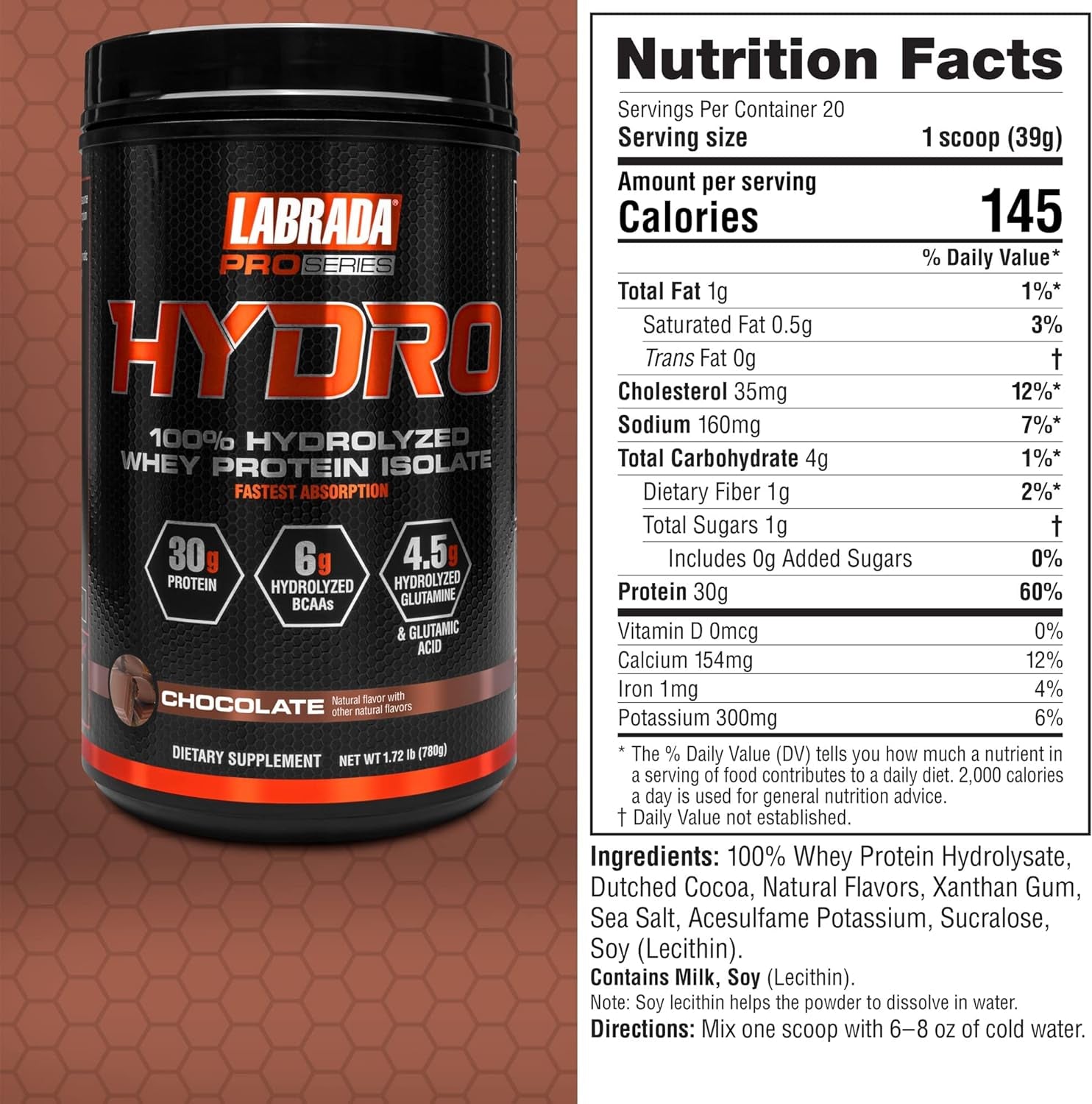 Labrada HYDRO 100% Pure Hydrolyzed Whey Protein Isolate Powder, Lactose Free, 6G Bcaa’S, 4.5G Glutamine, Fastest Digesting Whey Available, Instant Mixing, Delicious Taste 20 Servings(Chocolate)