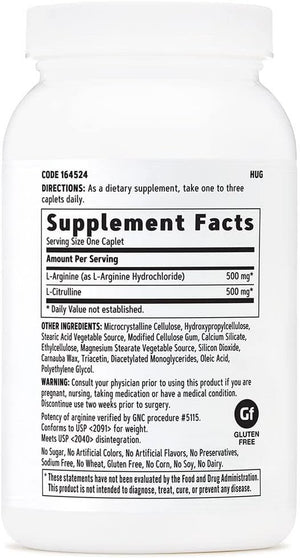 L-Arginine & L-Citrulline 500Mg/500Mg, 120 Caplets, Increases Nitric Oxide Production 