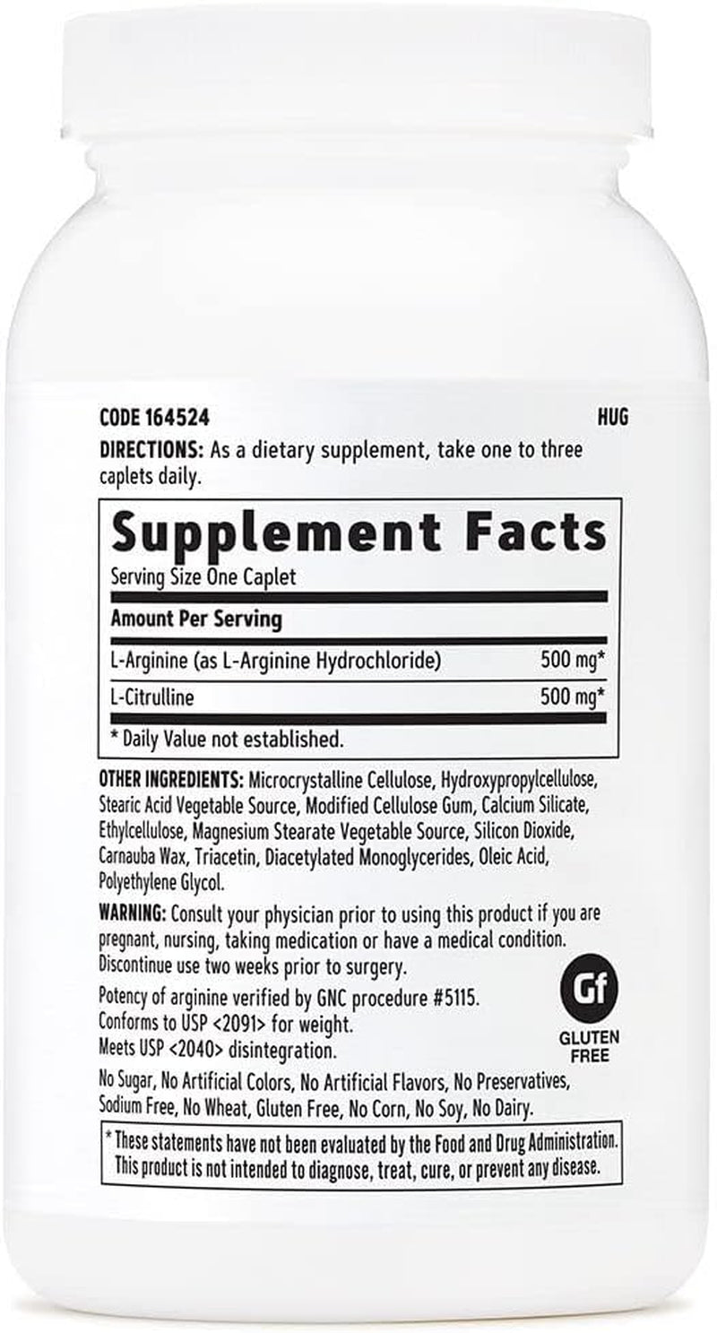 L-Arginine & L-Citrulline 500Mg/500Mg, 120 Caplets, Increases Nitric Oxide Production 