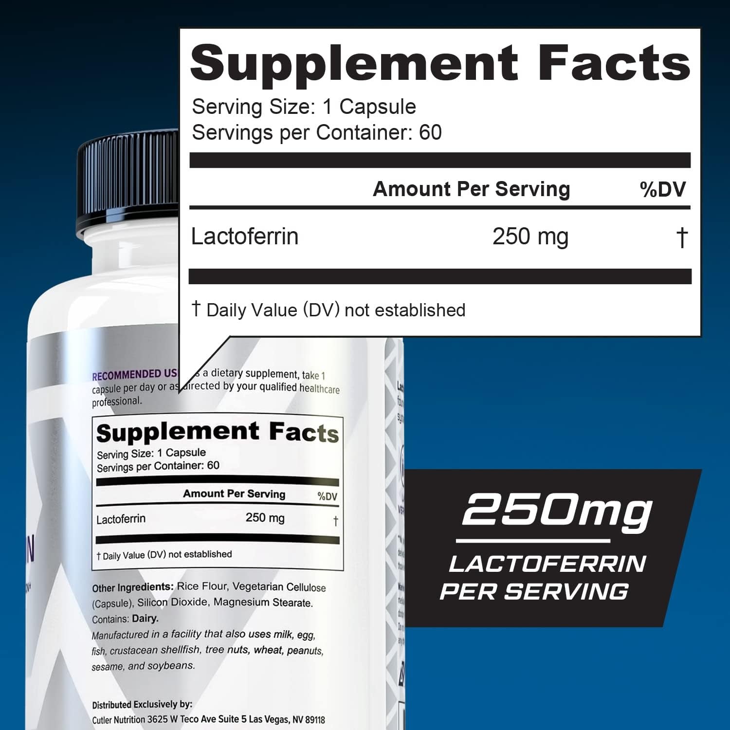 Lactoferrin 250Mg Capsules - Glycoprotein Rich Colostrum Supplement for Immune Iron Absorption Support and Digestive Health - 60 Servings High-Purity Daily Colostrum Derived Pills 