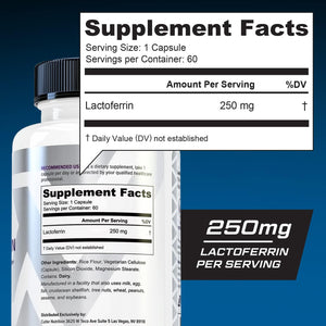 Lactoferrin 250Mg Capsules - Glycoprotein Rich Colostrum Supplement for Immune Iron Absorption Support and Digestive Health - 60 Servings High-Purity Daily Colostrum Derived Pills 