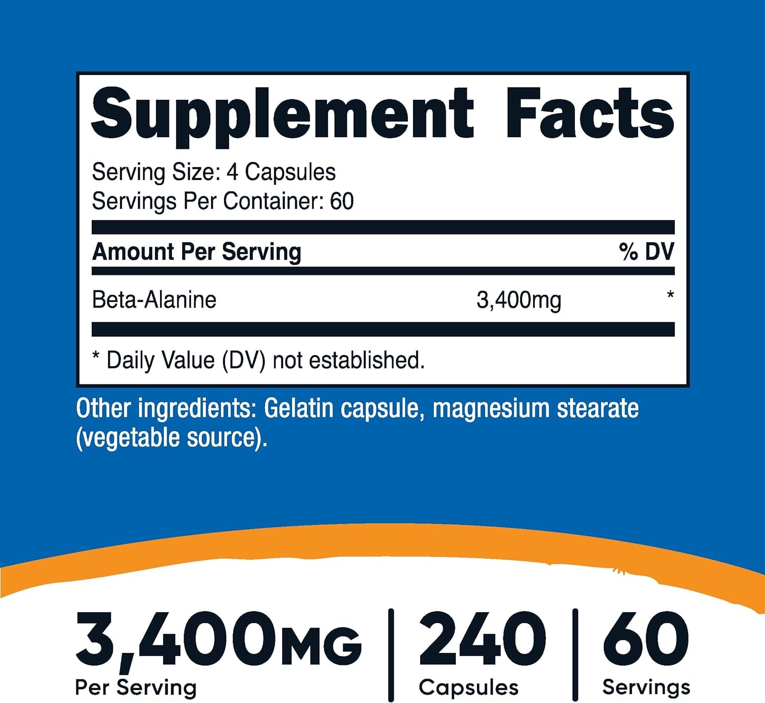 Nutricost Beta-Alanine Capsules 3400Mg, 240 Capsules (60 Serv) - Potent Beta Alanine, Gluten Free & Non-Gmo, 850Mg per Cap