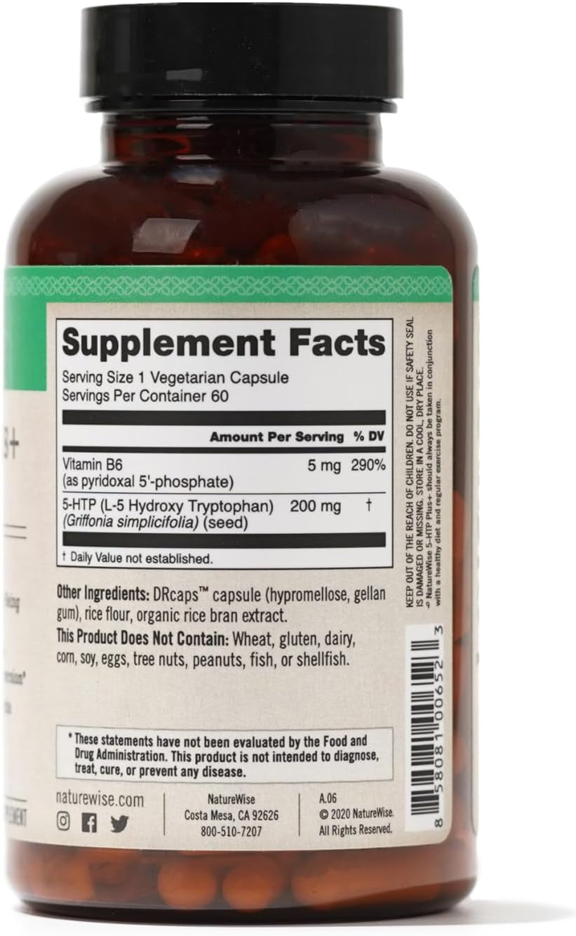 Naturewise 5-HTP 200Mg Mood Support, Natural Sleep Aid Helps Promote Healthy Eating Habits, Easy-To-Digest Delayed Release Capsules Enhanced W/ Vitamin B6, Non-Gmo (2 Month Supply - 60 Count)