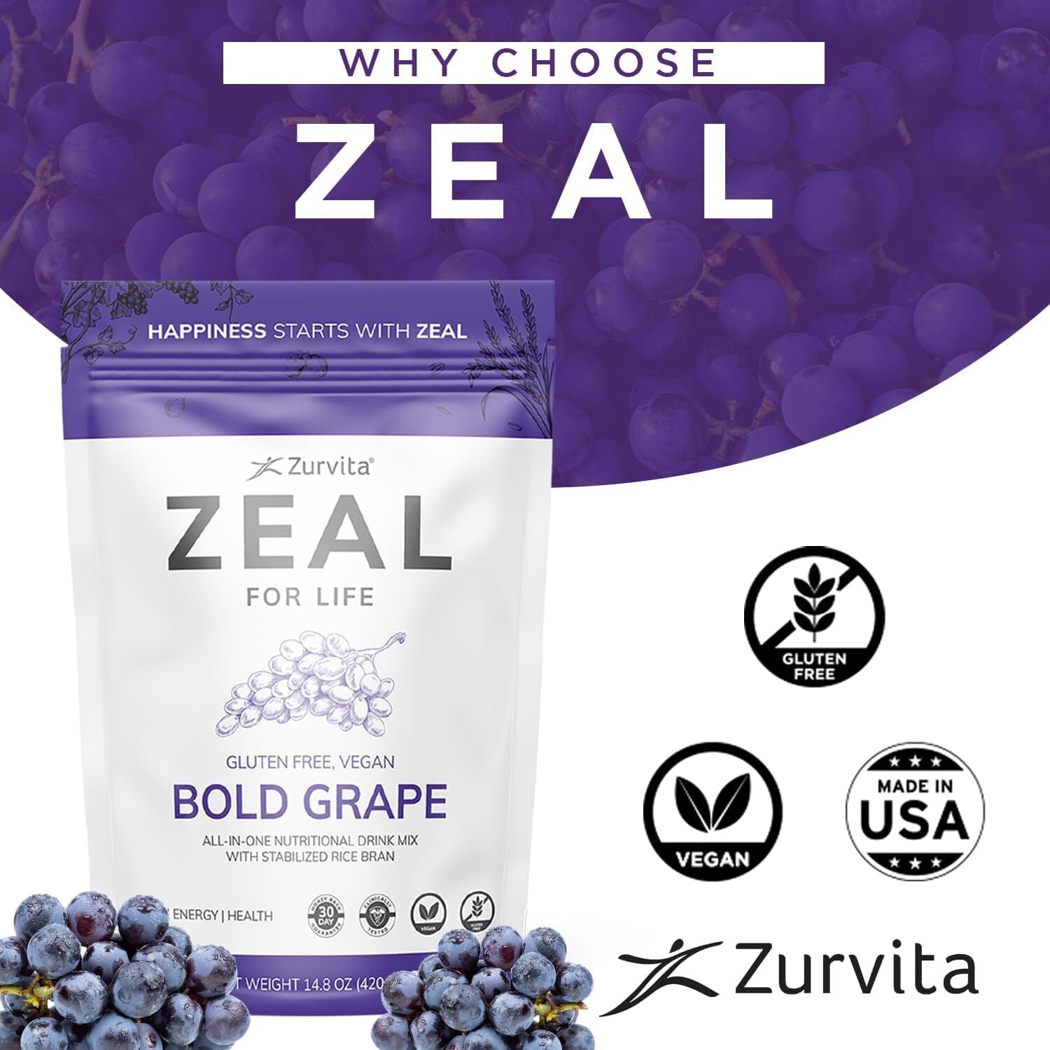 Zurvita Zeal for Life 30-Day Wellness Bag, 420 Grams, Wild Berry (Guarana Free)