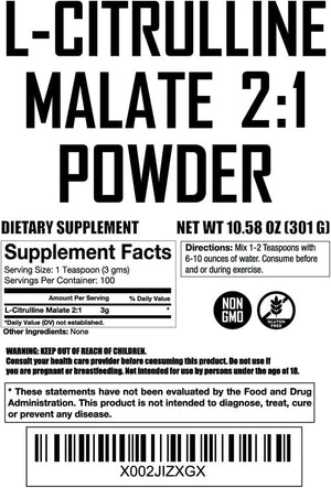 L Citrulline Malate 2 1 Powder 300 Grams - Bulk L Citrulline Powder - Free Form Amino Acid Pre Workout Supplement - Raw and Pure with No Additives by Fit Lane Nutrition.