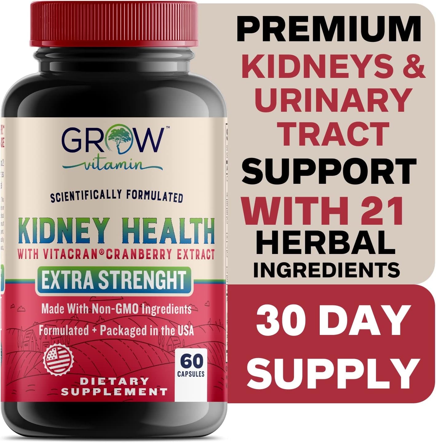Grow Vitamin Premium Kidney Cleanse Supplement – Powerful Kidney Support Formula with Cranberry Extract Helps Support Healthy Kidneys & Urinary Tract Support– 60 Vegetarian Capsules