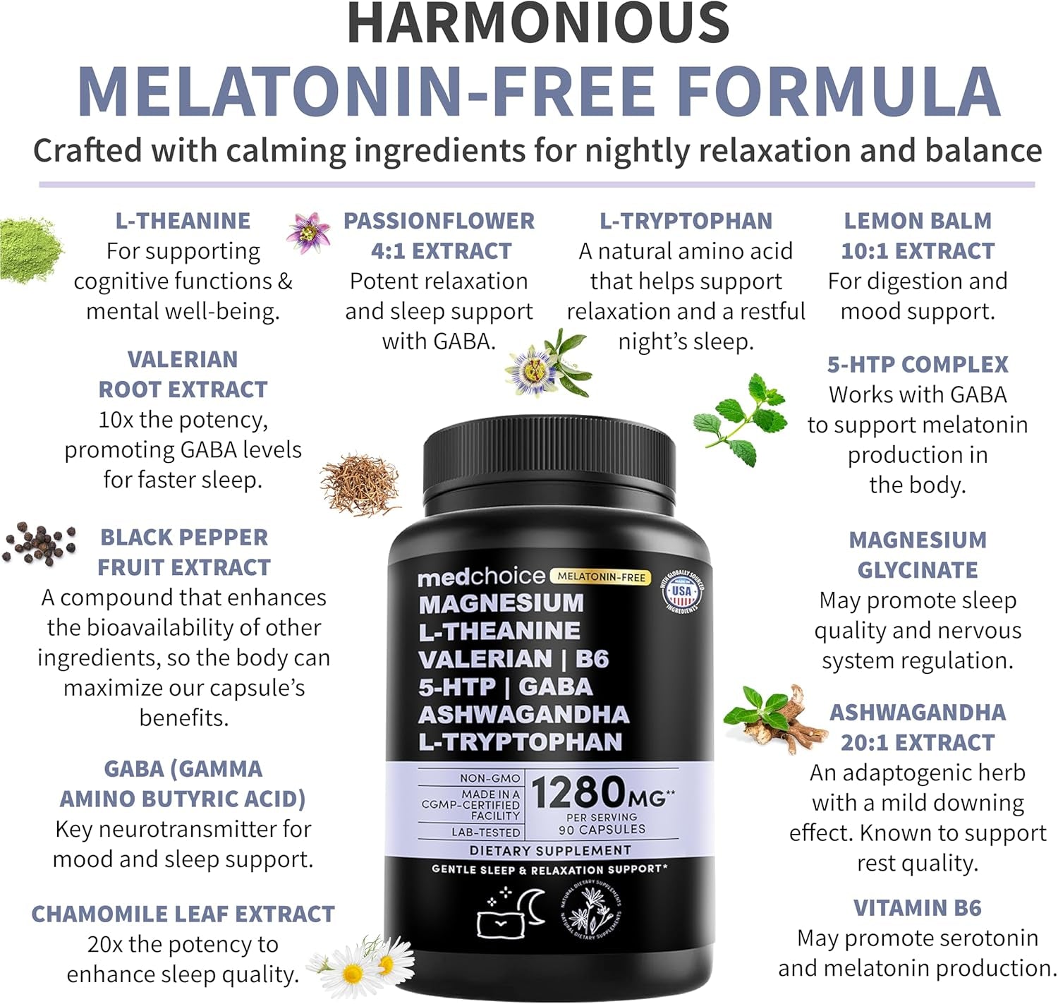 12-In-1 Sleep Support Capsules - Melatonin-Free and Non-Habit Forming Sleep Supplement with a Balanced Blend of Magnesium, Ashwagandha, L-Tryptophan, Valerian Root, GABA and 5-HTP (90 Capsules) 