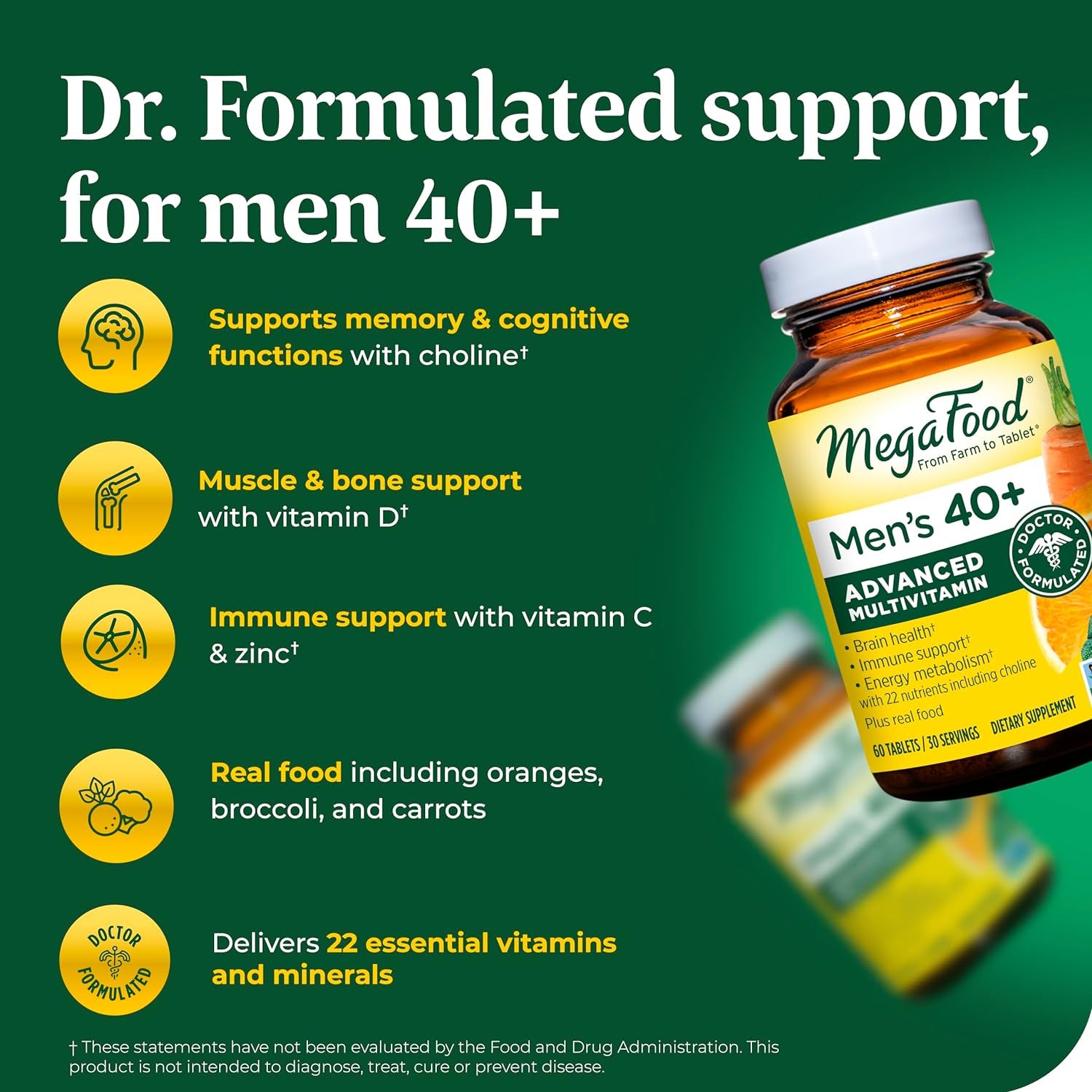 Megafood Men'S 40+ Advanced Multivitamin for Men - Dr-Formulated - Choline, Vitamin B, Vitamin C, Vitamin D, Zinc & Real Food - Brain Health, Immune Support - Vegetarian - 60 Tabs (30 Servings)