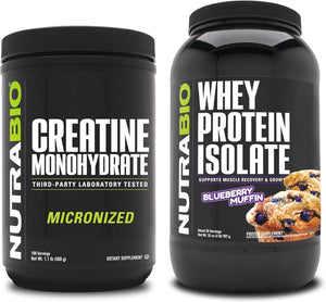 Nutrabio Creatine Monohydrate, Unflavored, 500G and Whey Protein Isolate, Blueberry Muffin, Supplement Bundle - Muscle Energy, Lean Muscle Growth, Recovery, and Strength